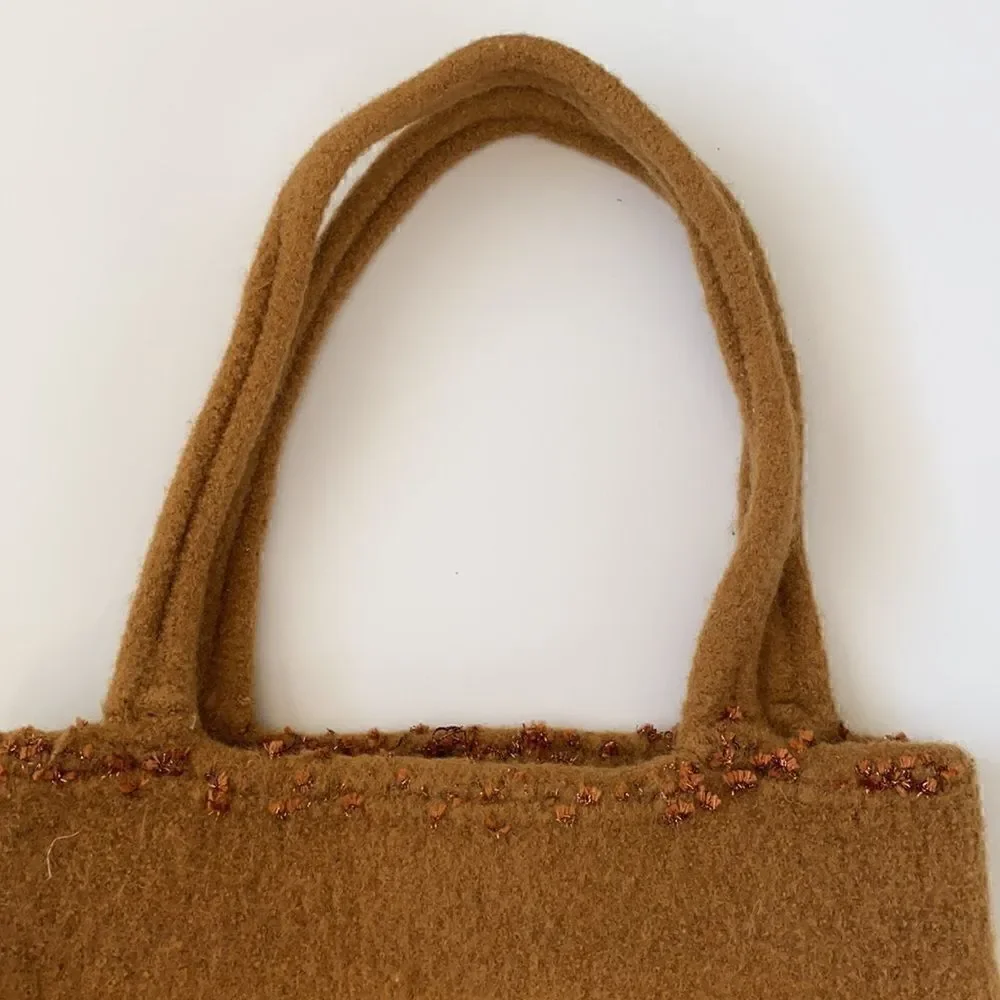 Vintage Felted Wool Embellished Mustard Yellow Purse Handbag